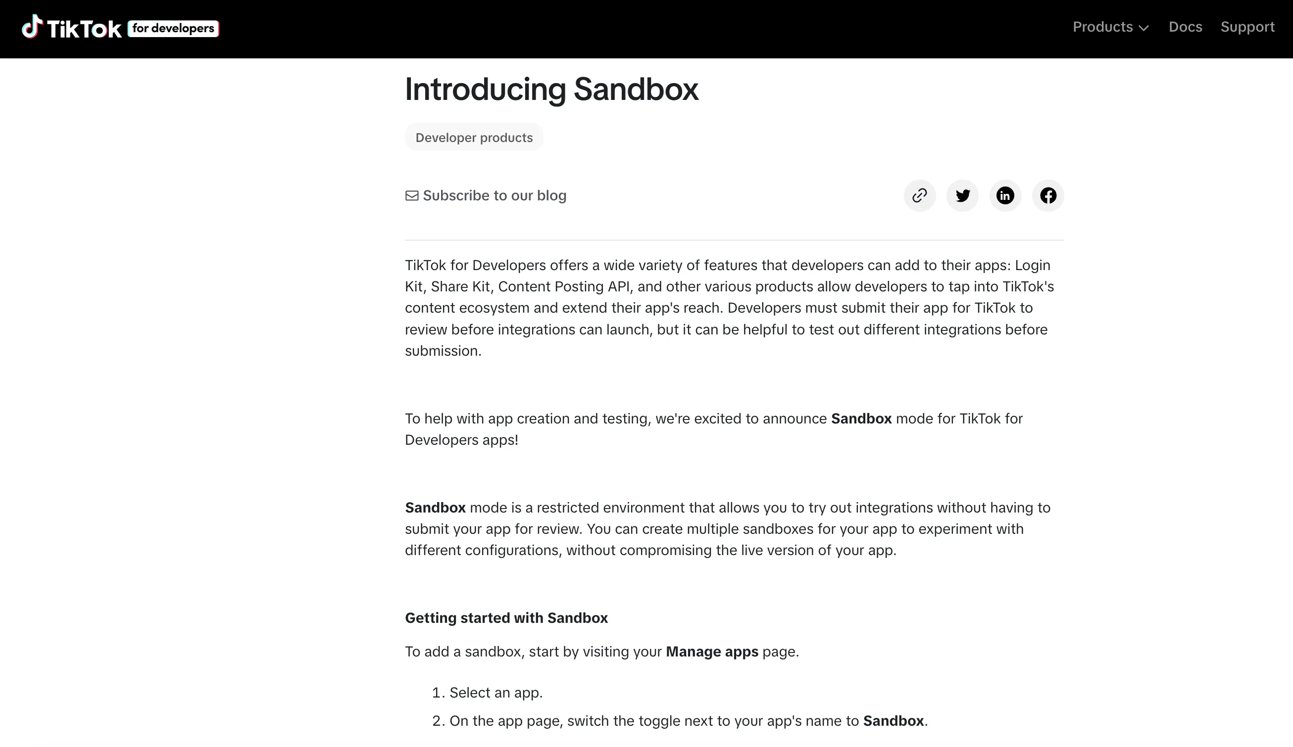 TikTok's developer blog post introducing Sandbox Mode, showing the 5 sandboxes per app limit and the up to 10 TikTok accounts per sandbox.