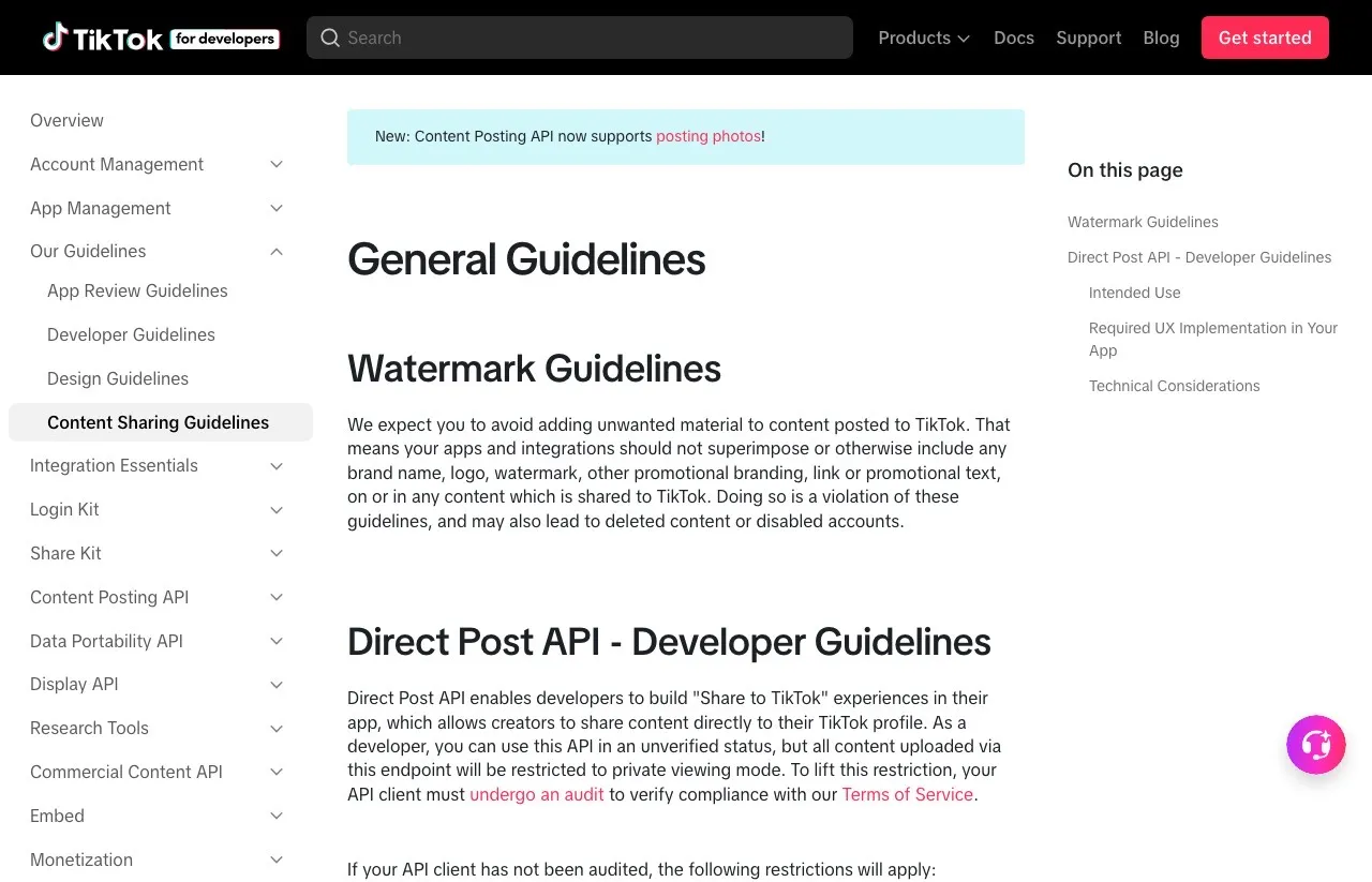 TikTok's content sharing guidelines, stating that content uploaded by an unaudited API client is restricted to private viewing mode until the client passes an audit.