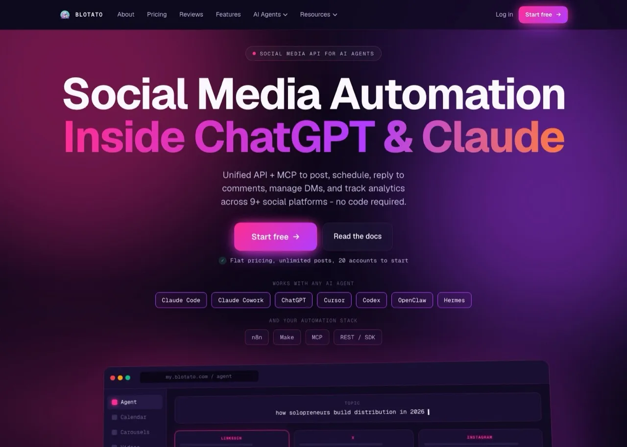 Best Tweet Hunter alternatives: Blotato homepage showing social media automation for AI agents