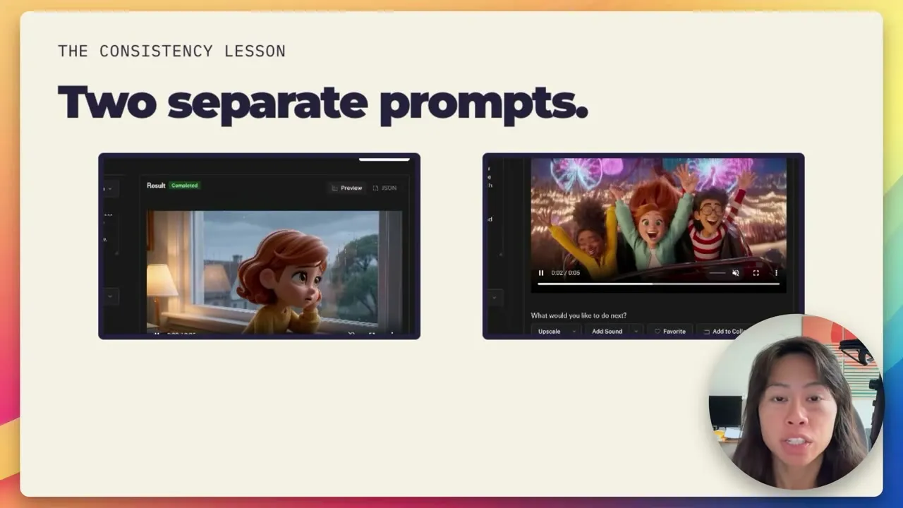 Sabrina's consistency slide: two separate Flux 3 Max prompts, one producing a girl at a bedroom window and the next a different group of characters on a roller coaster.