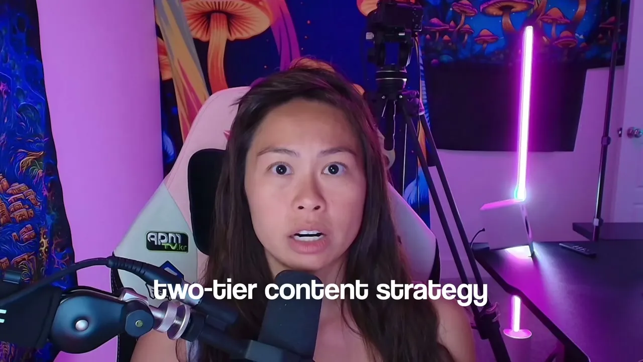 Sabrina on camera with a large on-screen overlay reading "two-tier content strategy," the core conversion lever for paid Substacks.
