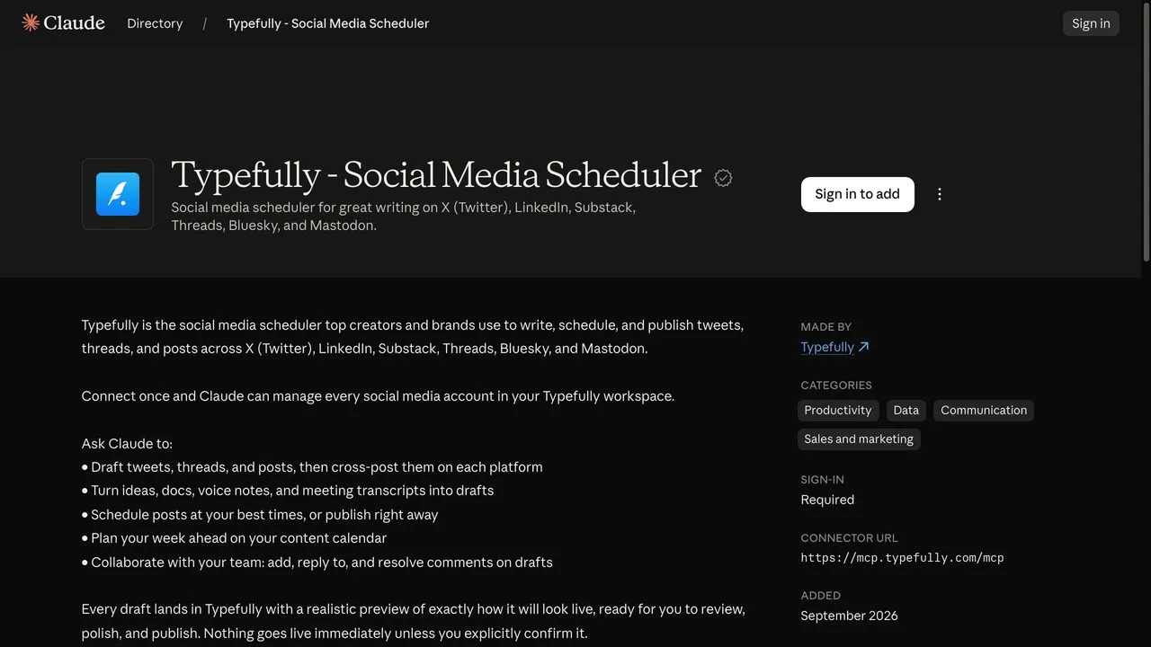 Best Claude connectors for social media: Typefully's Verified listing in Claude's connector directory
