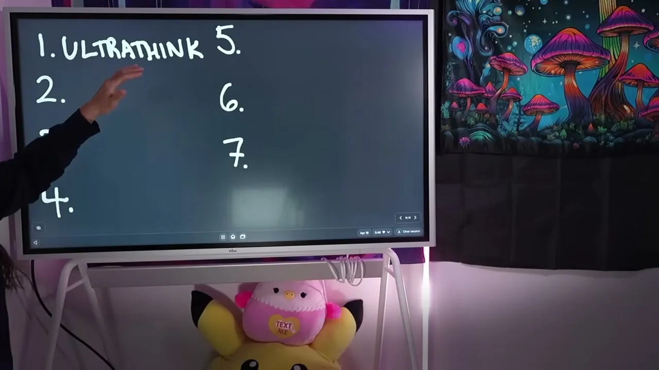 Sabrina pointing to ULTRATHINK on whiteboard with numbered list of 7 prompts
