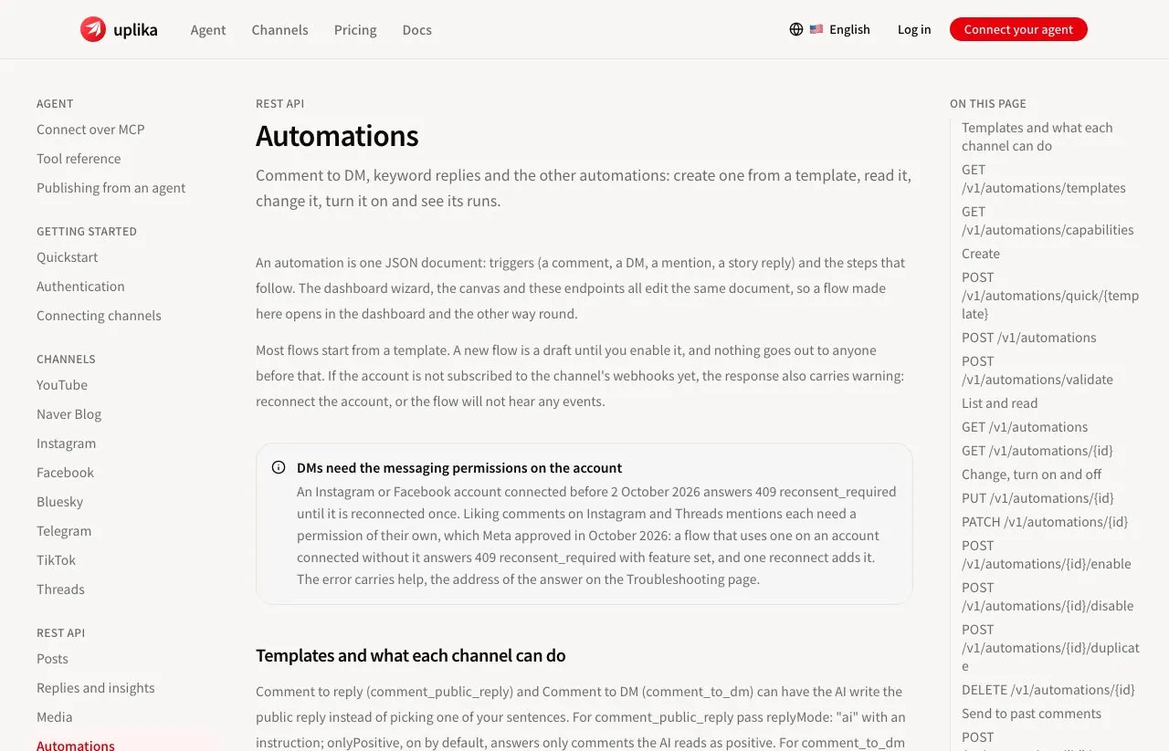 Uplika's automations documentation, describing comment-to-DM, keyword replies, templates and the per-channel capabilities endpoint.