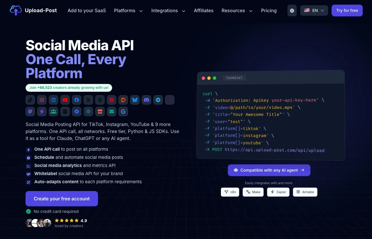 Upload-Post's homepage showing its social media posting API, SDKs, and integration options
