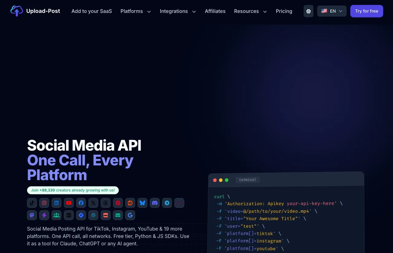 Upload-Post's homepage, leading with a social media API that posts everywhere in one call.
