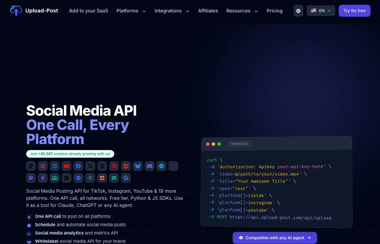 Upload-Post's homepage showing its single API call publishing across 22 platforms.