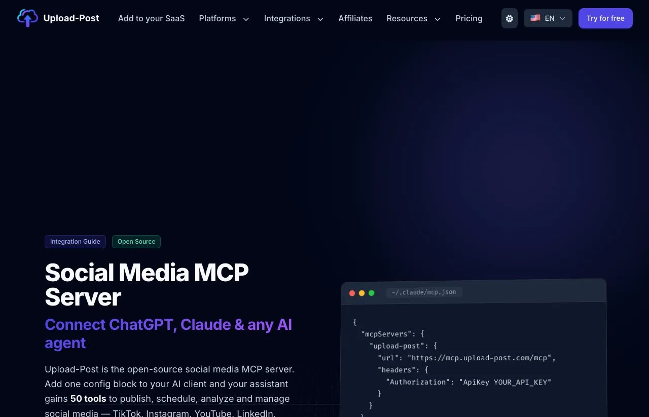 Upload-Post's MCP page, which advertises 50 tools while its machine-readable guide says 40, its README 58 and the package 57.
