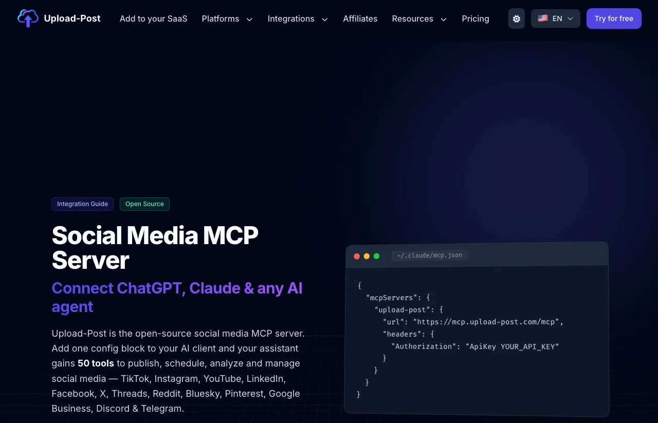 Upload-Post's MCP page documenting its hosted endpoint, supported agent clients and open-source server.