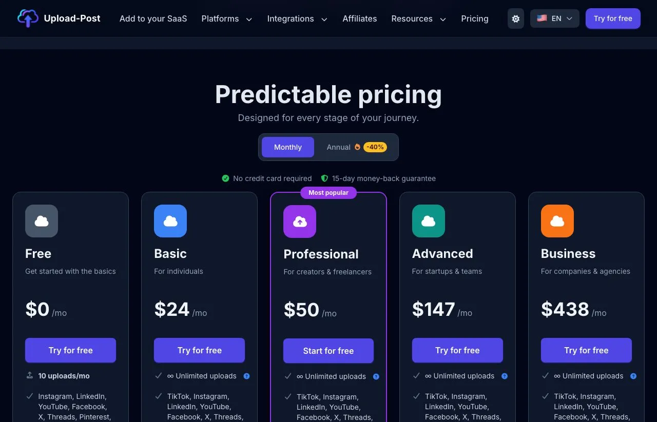 Upload-Post's pricing cards with the Monthly toggle selected: Free, Basic at $24, Professional at $50, Advanced at $147 and Business at $438.