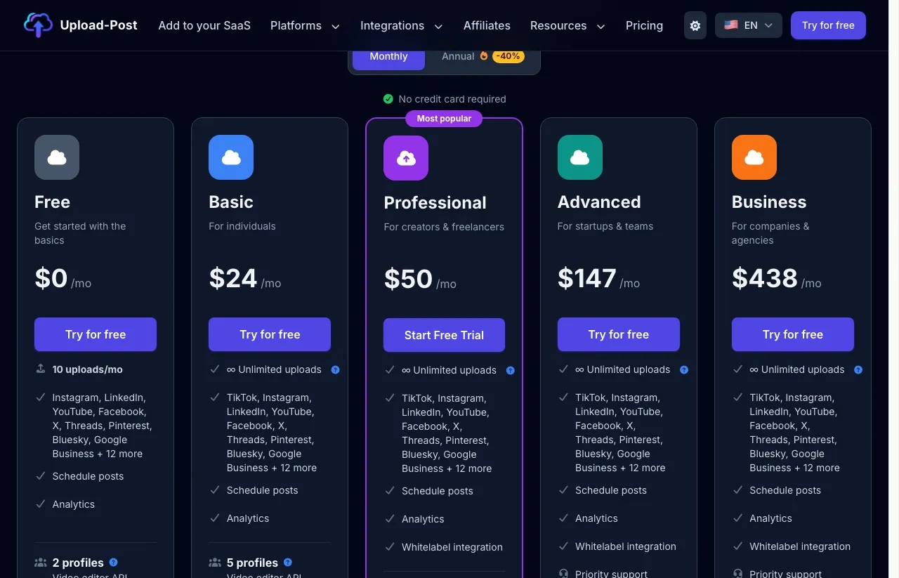 Upload-Post's pricing with the Monthly toggle active: Free $0, Basic $24, Professional $50, Advanced $147 and Business $438, with profile counts on each card.