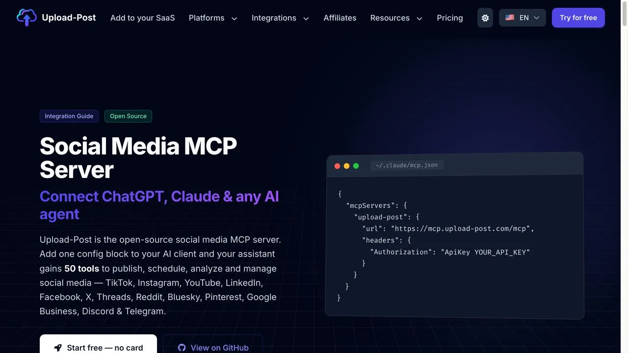 Best Claude connectors for social media: Upload-Post's MCP server page for adding a custom connector to Claude