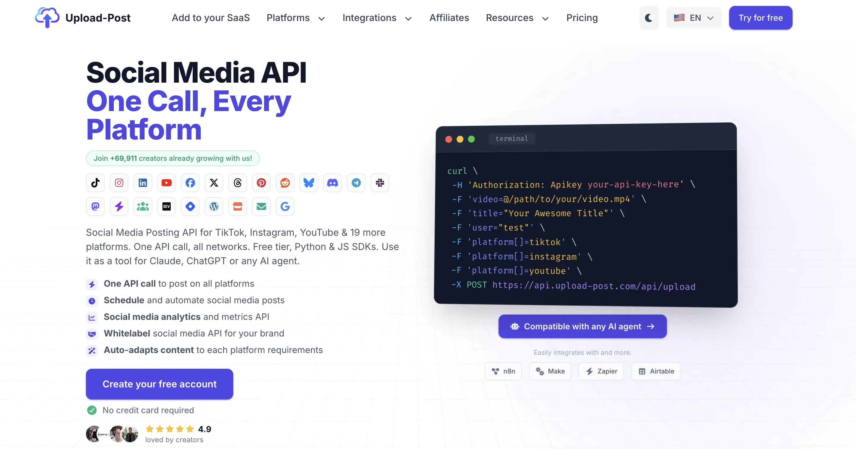 Upload-Post homepage with its social media API curl example for posting to every platform