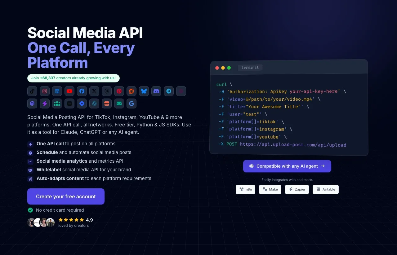Zernio alternative Upload-Post showing a one-call social media API with a free tier for AI agents