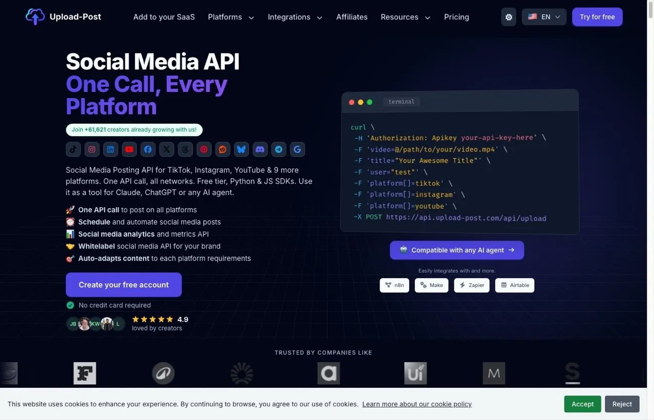 Ayrshare alternative Upload-Post homepage showing free social media posting API for multiple platforms