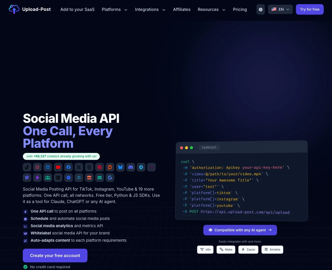 Upload-Post homepage showing a single API call posting to 22 platforms