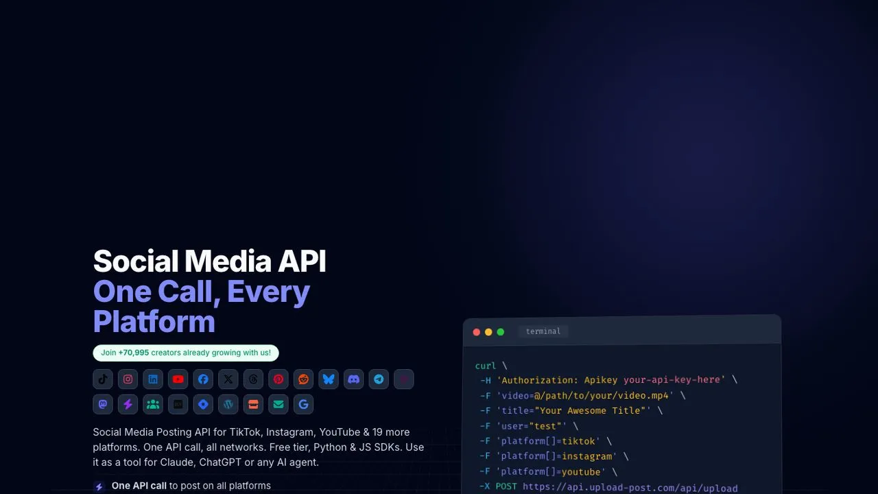 Post Bridge alternatives: Upload-Post publishing API with a free tier for agent builds