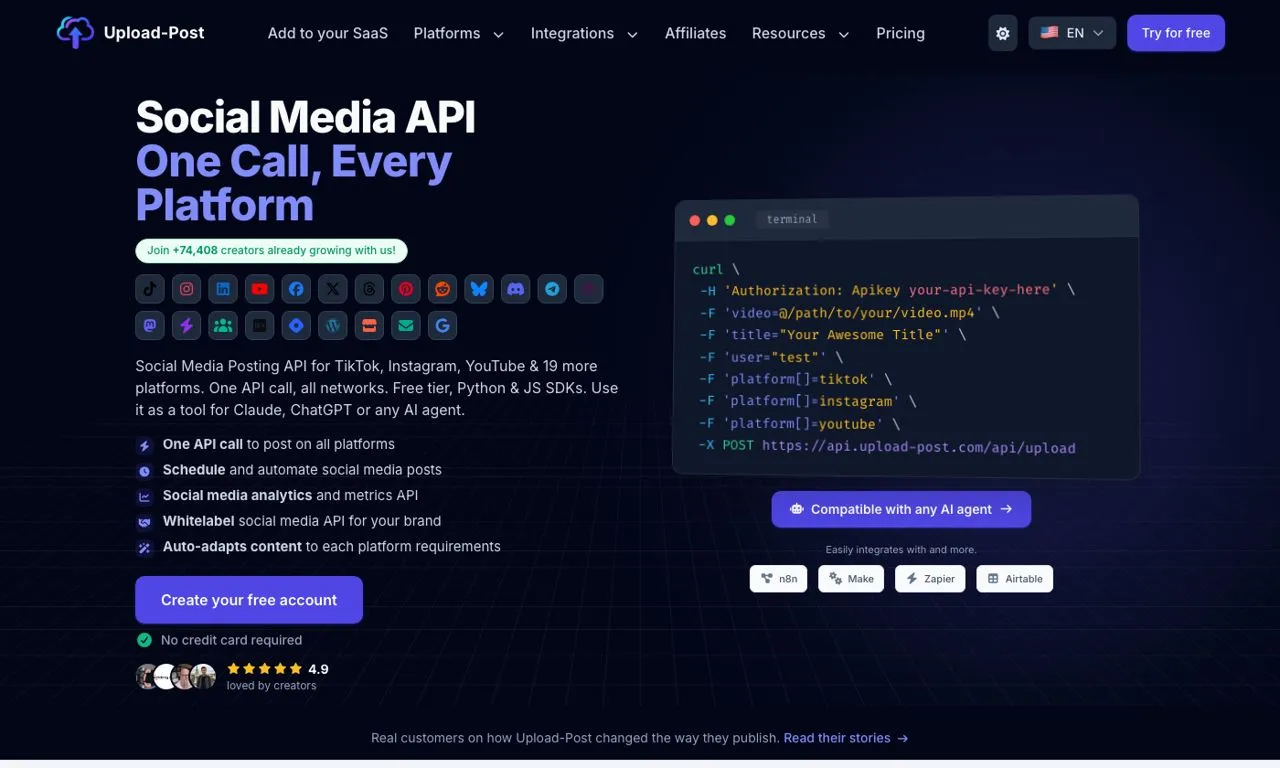 PostPulse alternative Upload-Post homepage showing one API posting to 22 platforms