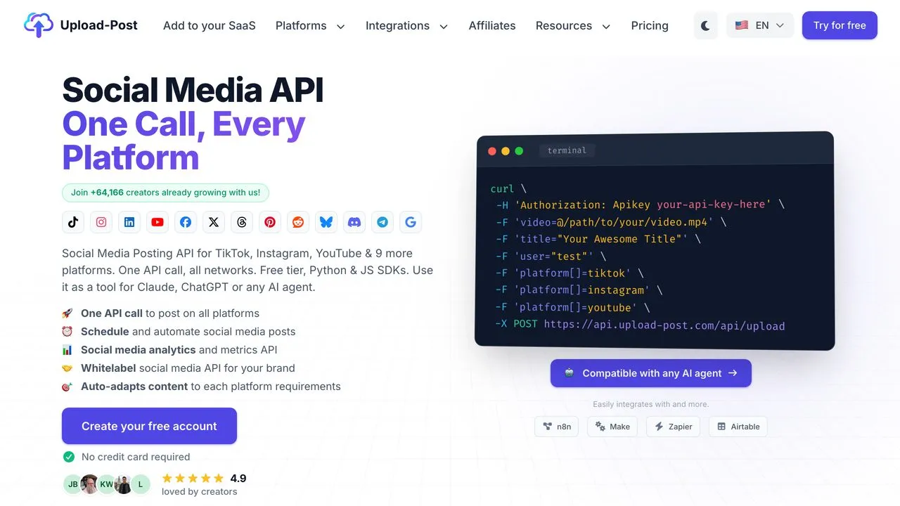 Upload-Post social media API homepage showing one API call to every platform