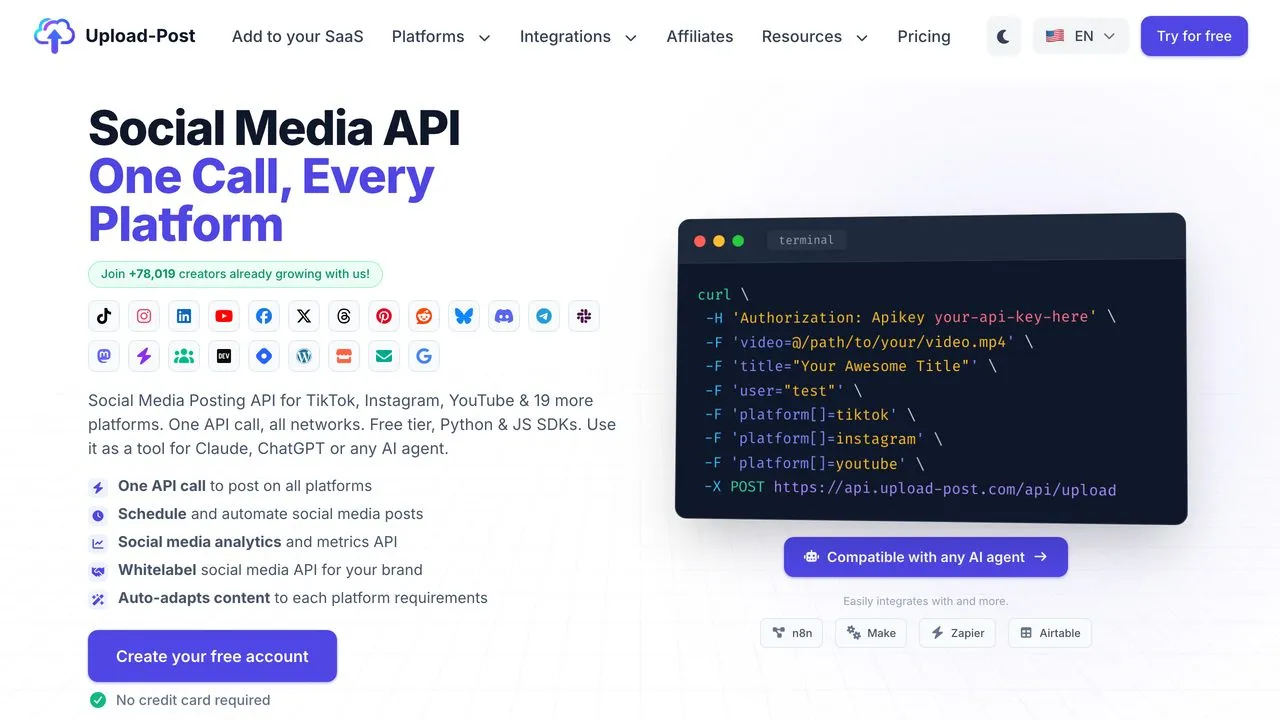 Upload-Post social media posting API with queue system, scheduling slots, and analytics