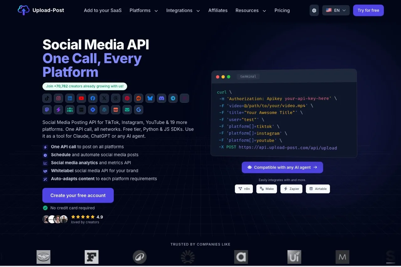 Postproxy alternative Upload-Post homepage showing a social media posting API for 22 platforms