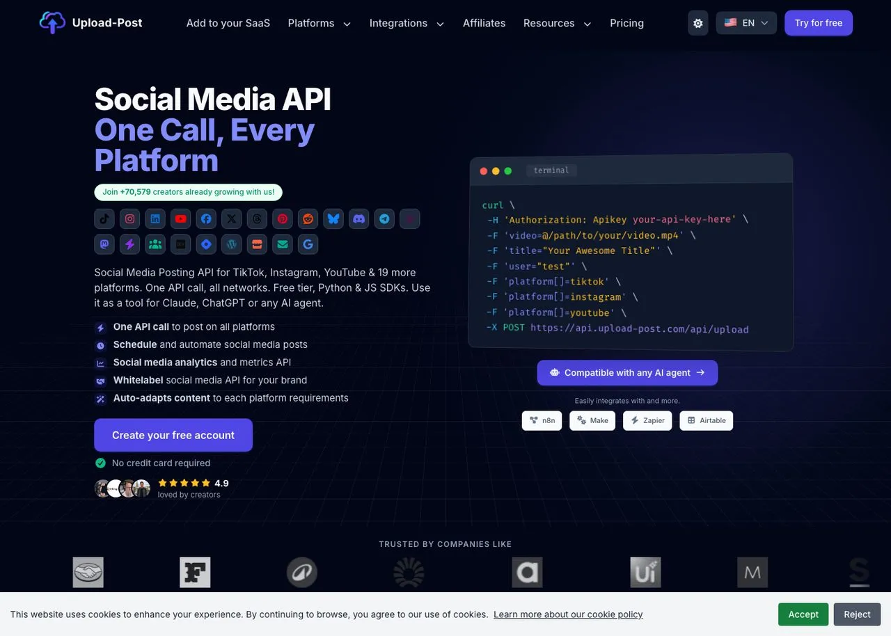 SocialClaw alternative Upload-Post, low cost social media posting API homepage