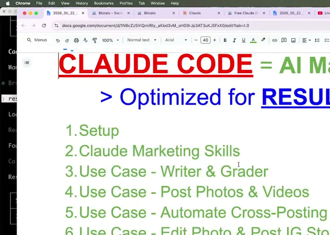 The live session agenda in Claude Code: setup, the marketing skills, then nine use cases from writing and grading posts to managing the whole content calendar.