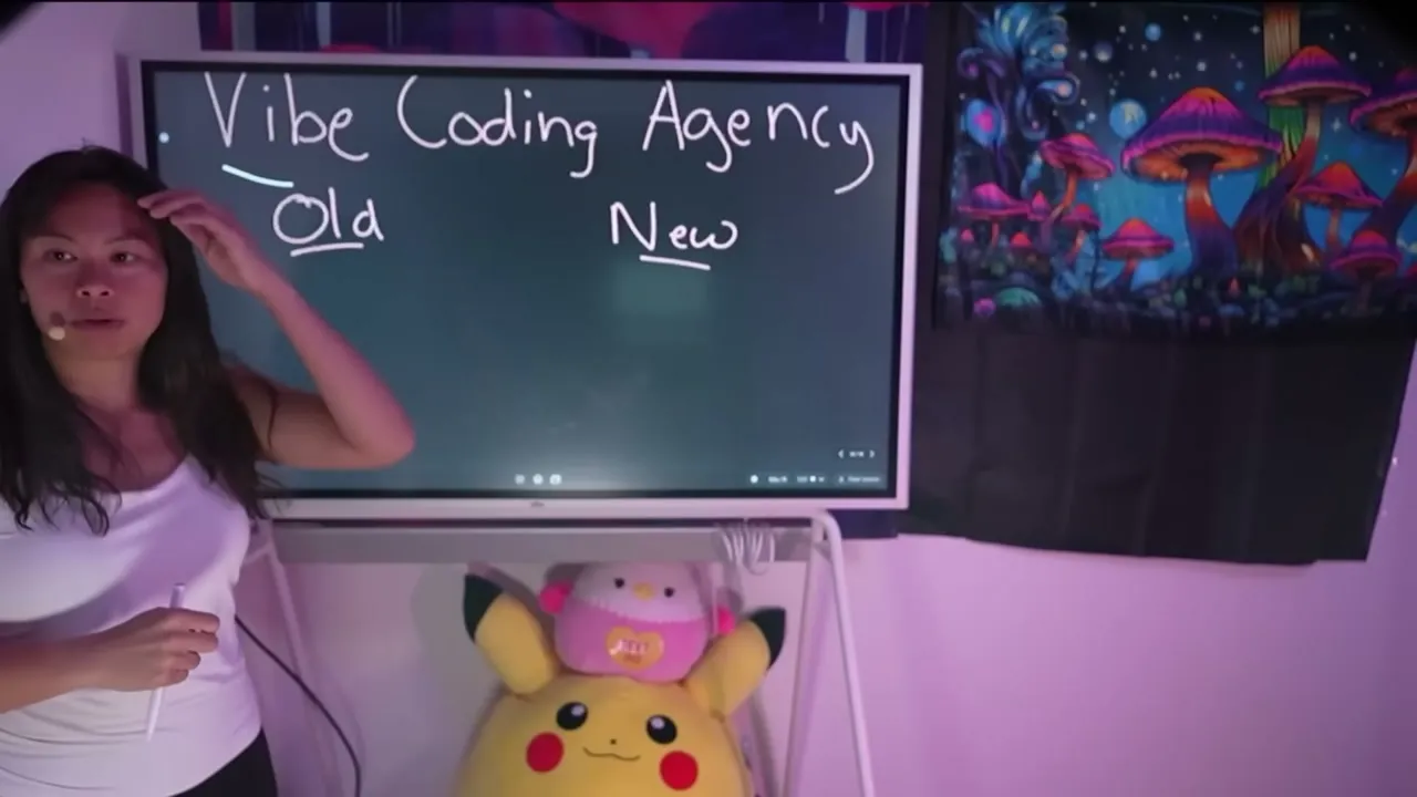 Sabrina at the whiteboard showing the Vibe Coding Agency model with Old versus New columns.