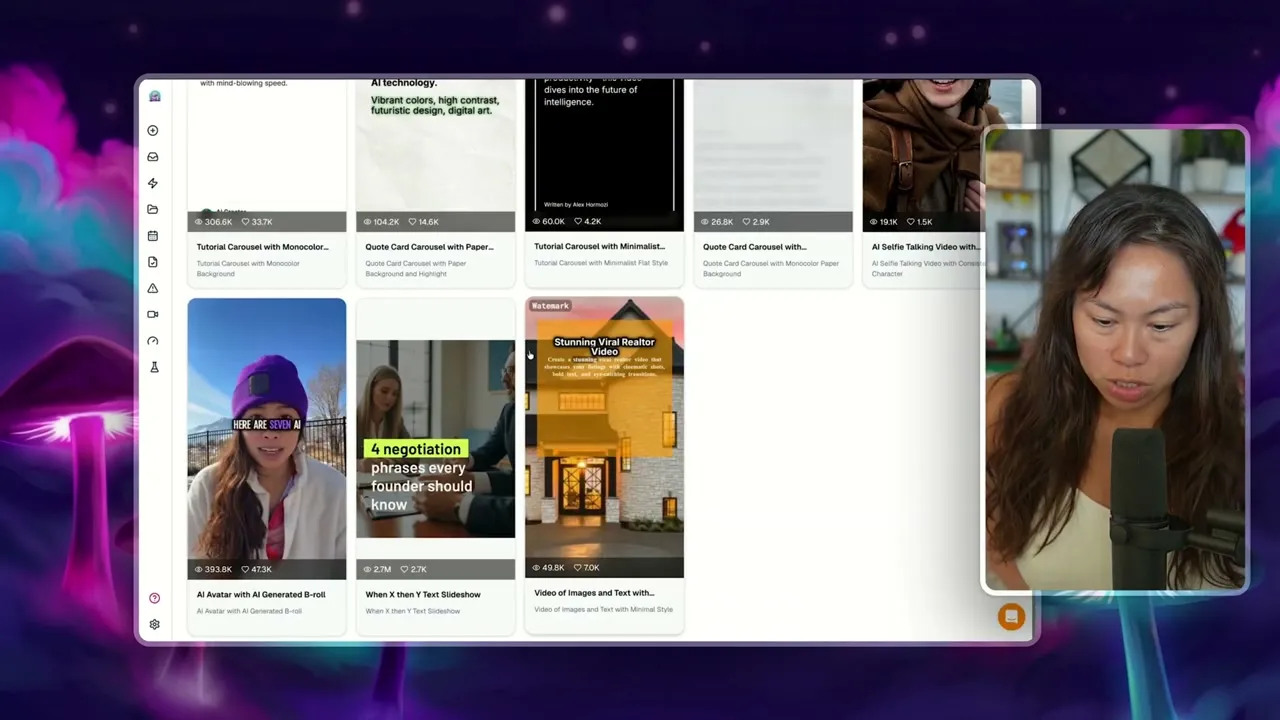 The Blotato visual template library showing options including whiteboard infographic, Instagram carousel slideshow and AI video with AI voice.