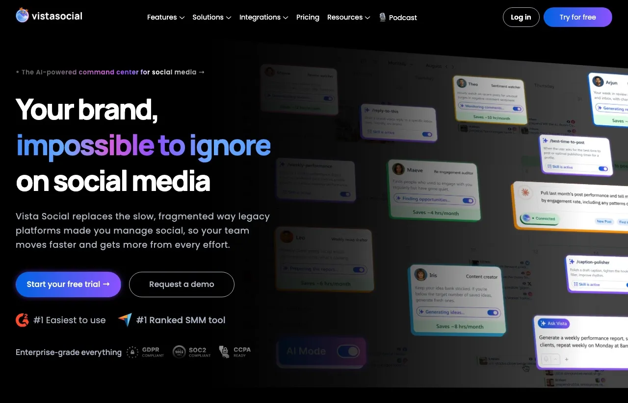 Vista Social's homepage, positioning the product as an AI-powered command center for social media teams and agencies.