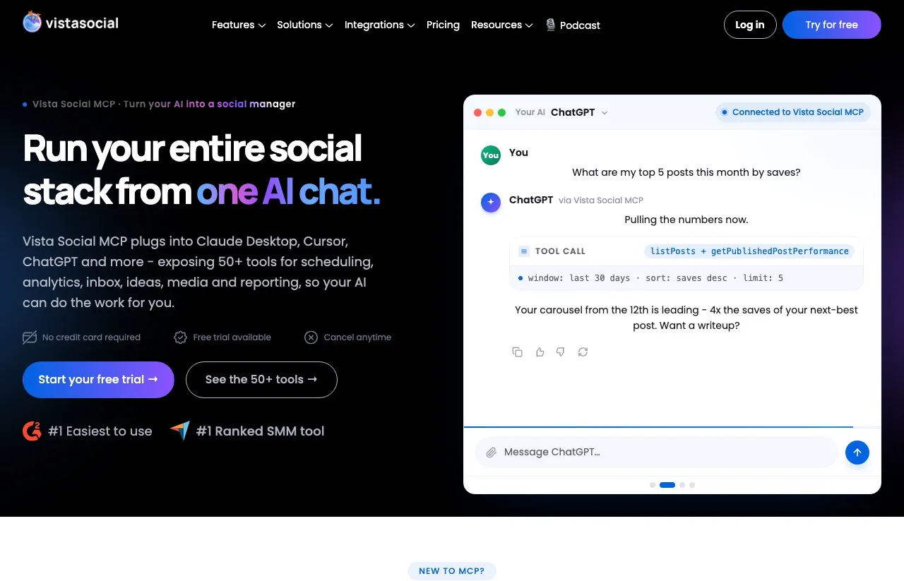 Vista Social's MCP integration page, which markets 50-plus tools for scheduling, analytics, inbox, ideas, media and reporting.
