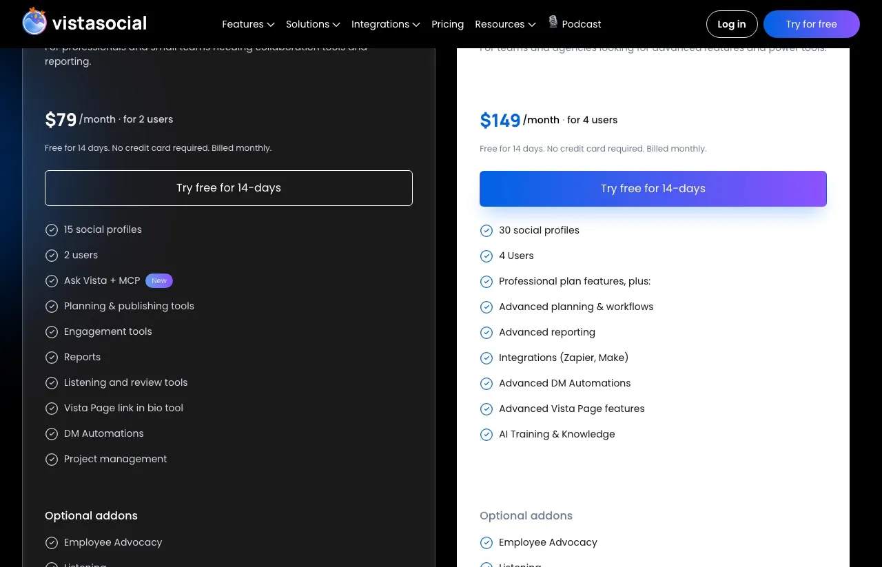 Vista Social's pricing cards with the Monthly toggle active: Professional at $79 listing "Ask Vista + MCP", and Advanced at $149 listing Zapier and Make integrations.