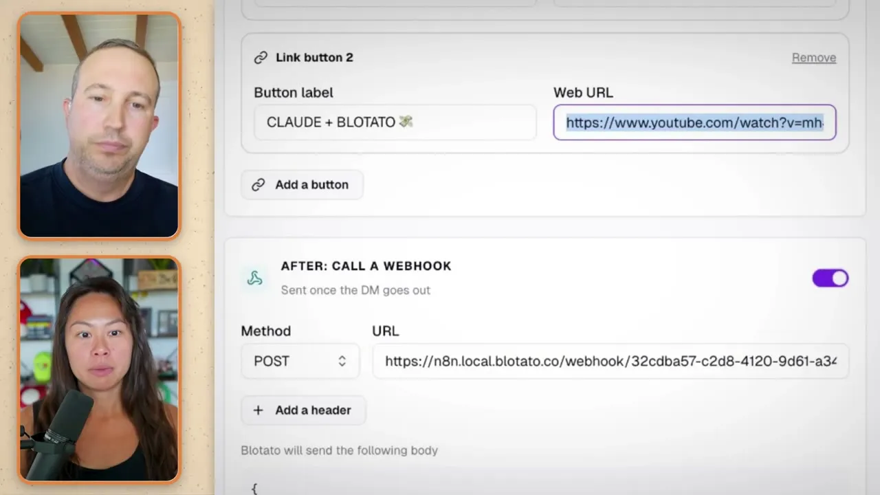 The webhook step in the automation, set to POST the captured lead to an n8n endpoint once the DM goes out.