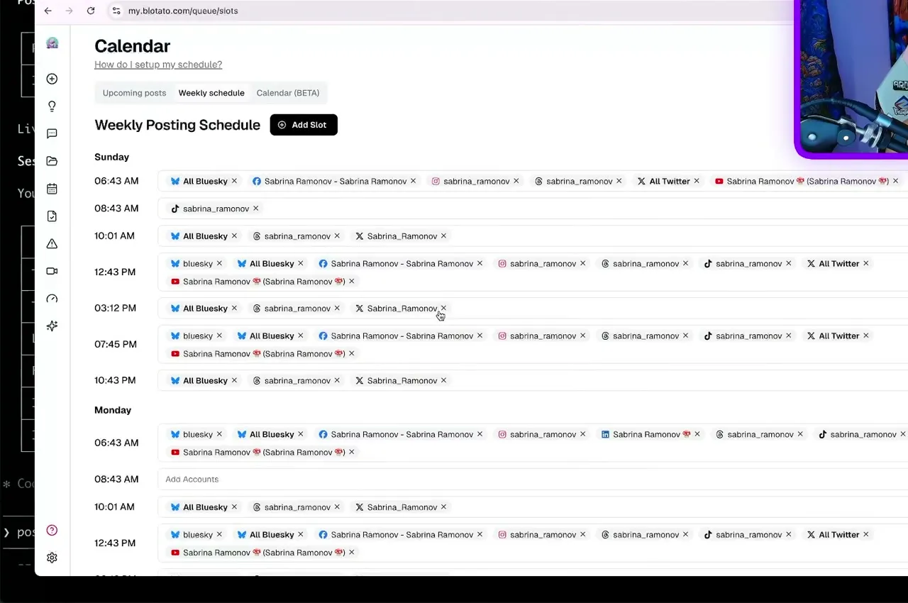 The Blotato weekly posting schedule showing Sunday and Monday slots with Bluesky, LinkedIn, Instagram, Threads, Twitter, YouTube, and TikTok accounts assigned to each time.