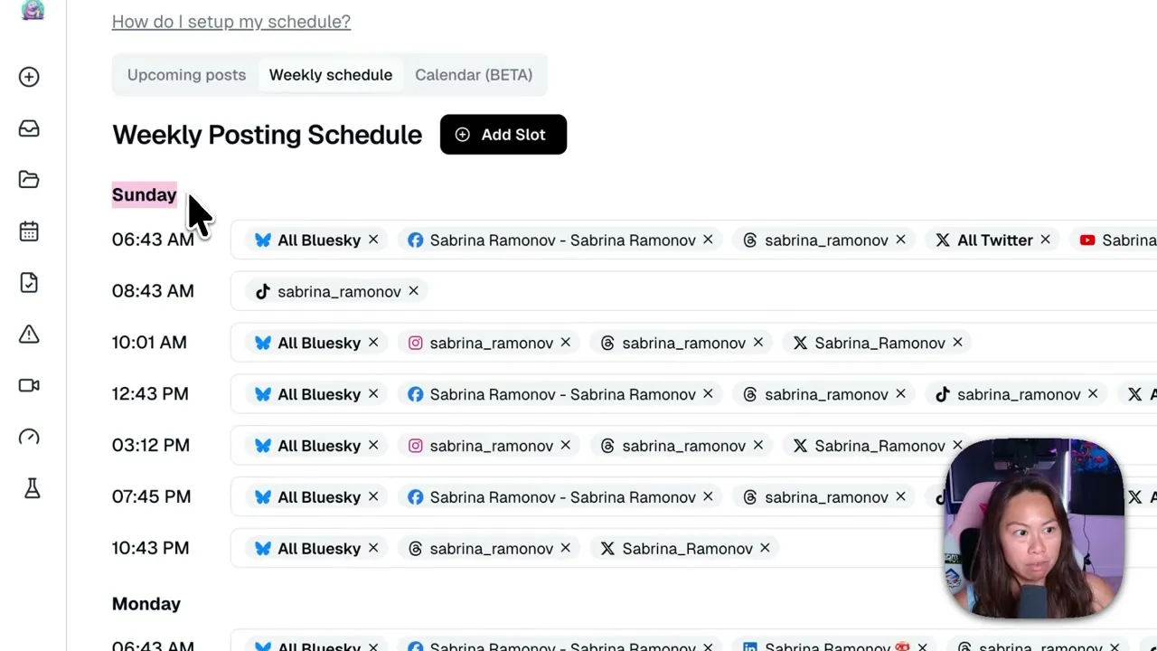 The weekly posting schedule in Blotato with open slots per day mapped to specific connected accounts across Bluesky, Facebook, Threads, X, TikTok and Instagram.