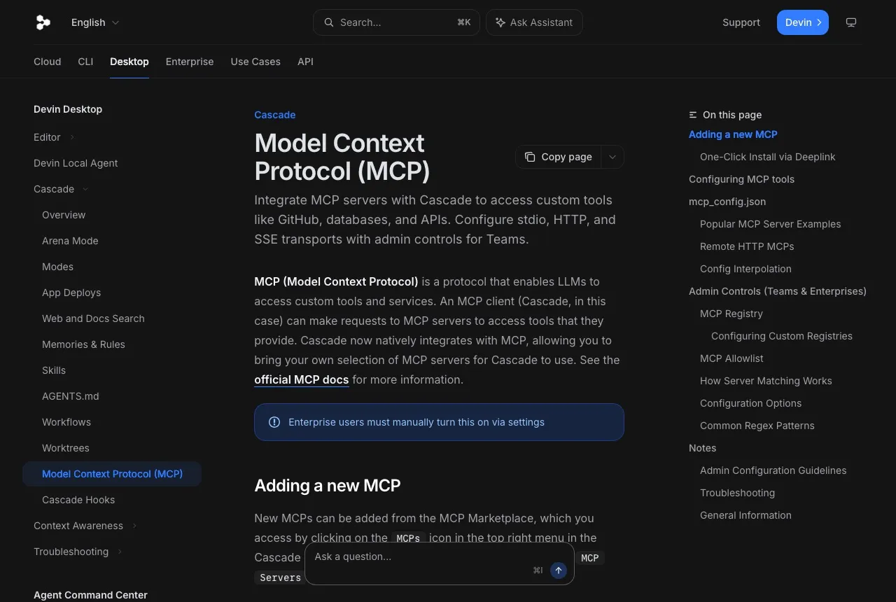 Windsurf MCP documentation showing remote server configuration