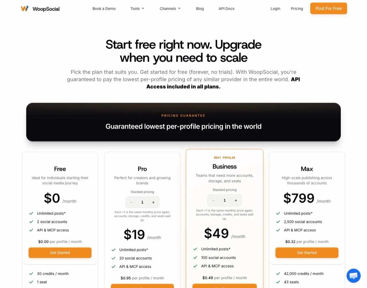 Bundle.social alternatives: WoopSocial pricing page with API access on every plan