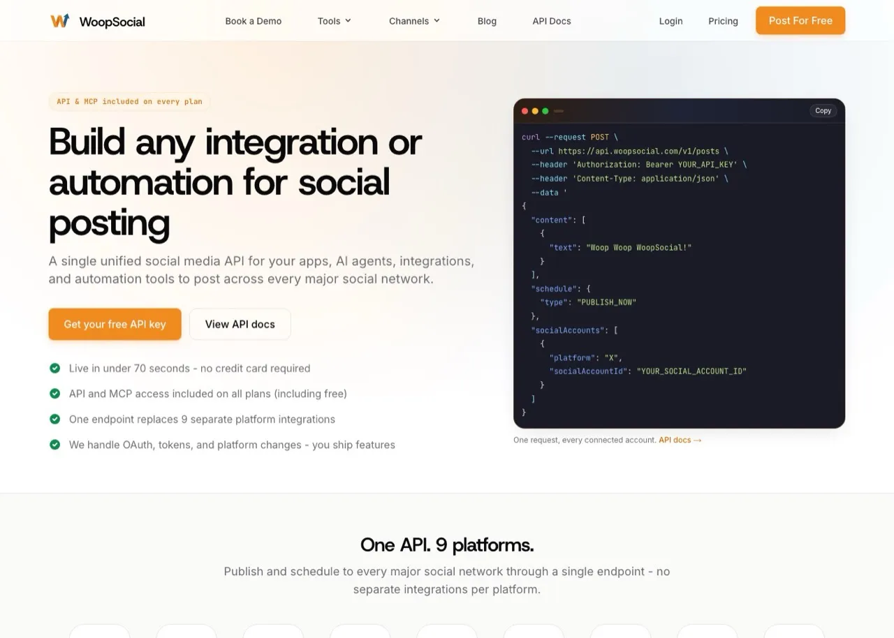 WoopSocial homepage showing a unified social media API with MCP included on every plan