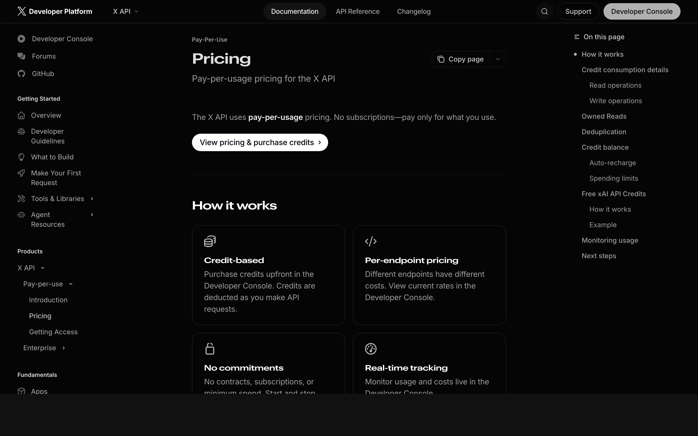 X's official pricing page in the developer docs, showing pay-per-use as the default model and the xAI credit kickback program.
