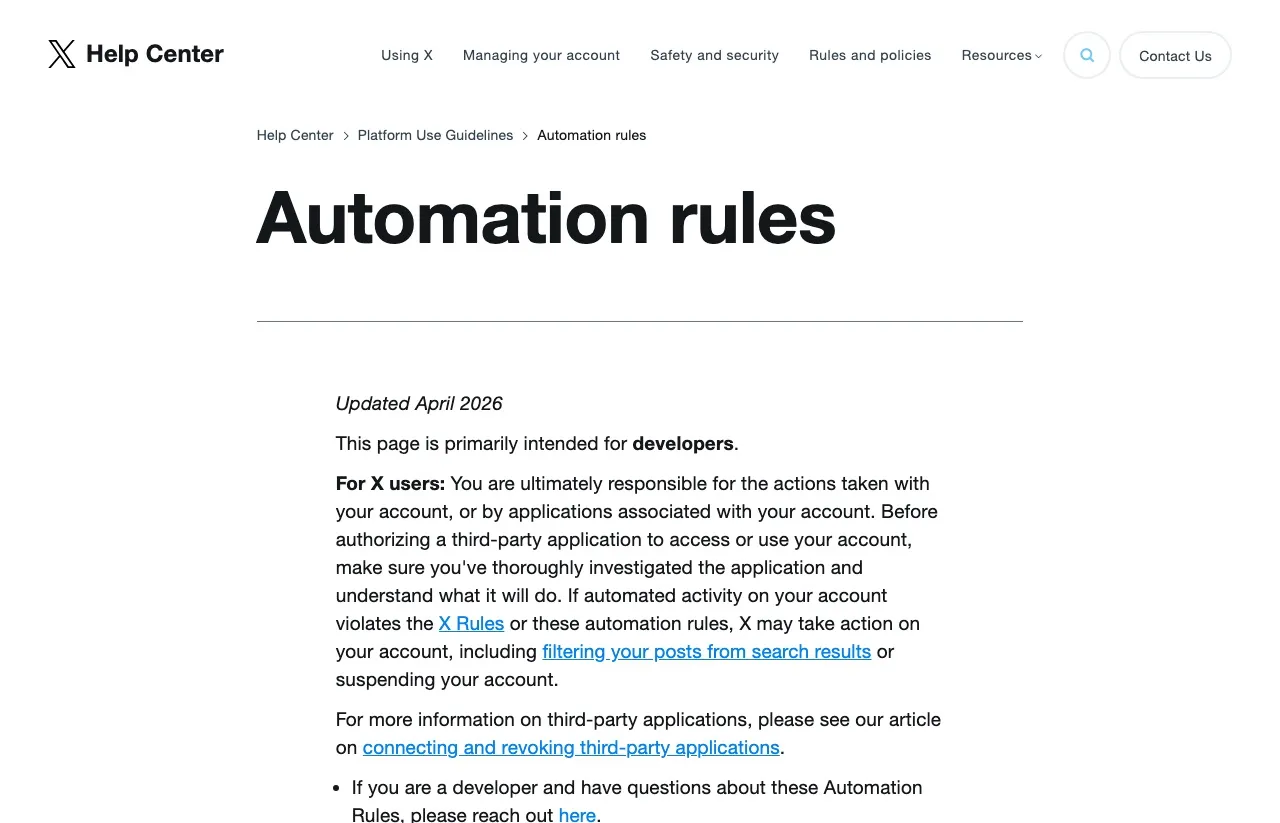The X automation rules page, updated April 2026, stating that automated activity violating the rules may result in filtering or suspension.
