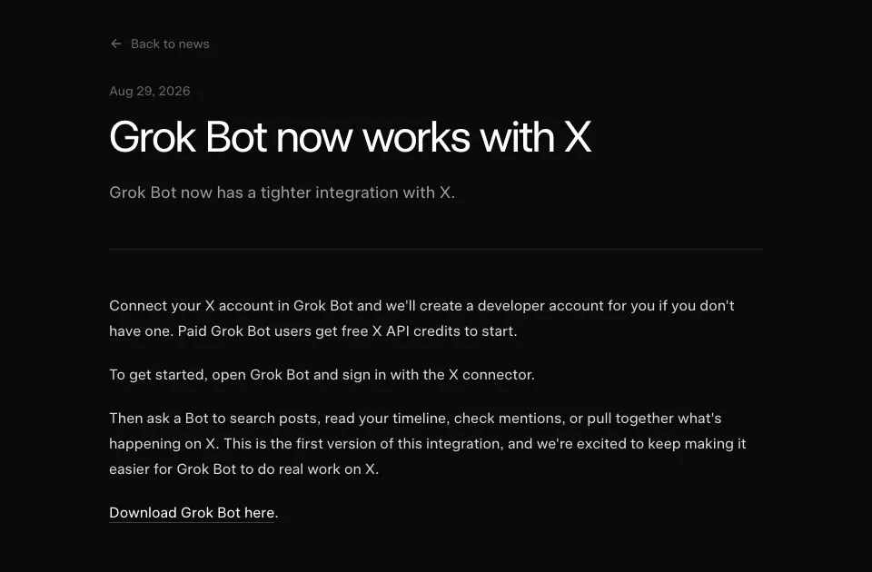 xAI's August 29 announcement of the Grok Bot X connector, with a capability list that names searching posts, reading your timeline, and checking mentions, and no publishing.