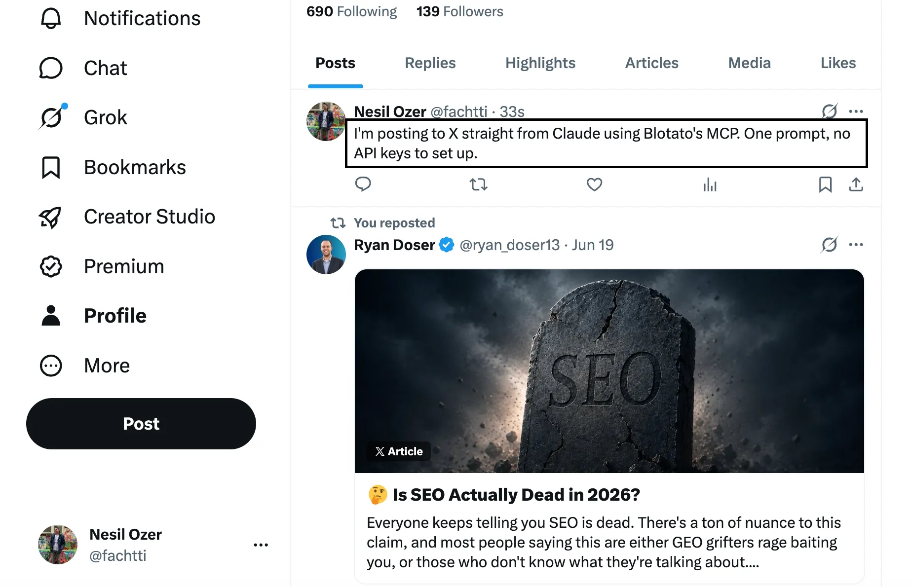 A post published live on X from Claude Code through the Blotato MCP server