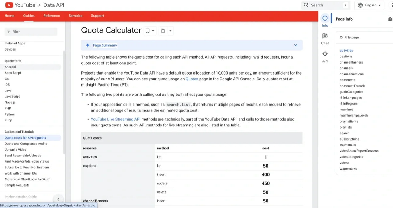 Google's YouTube Data API Quota Calculator showing per-method quota costs in 2026, with videos.insert at 100 units, search.list at 100 units, and captions.update at 450 units.