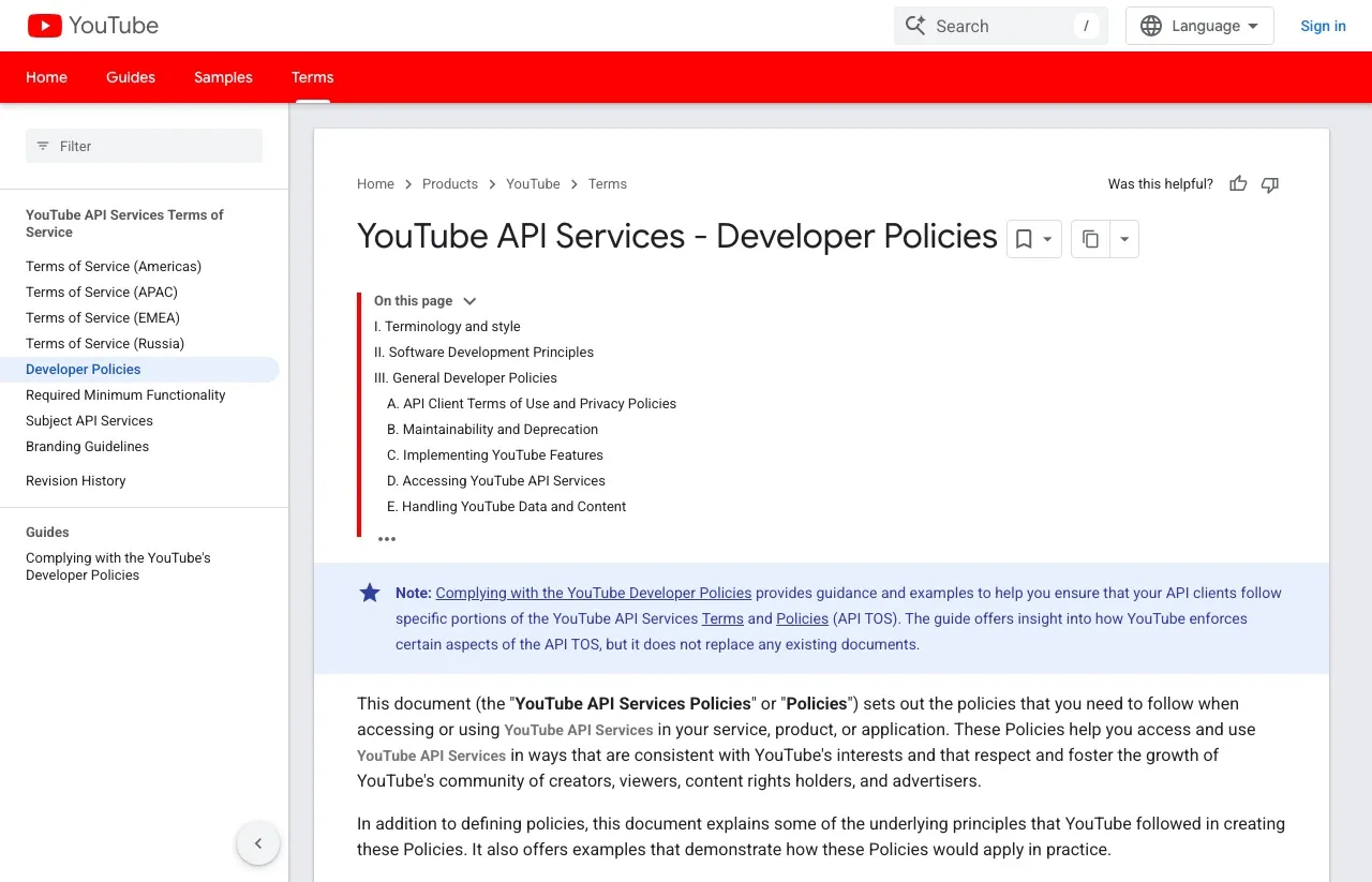 The YouTube API Services Developer Policies page, which requires prior specific and express user consent before automating actions.