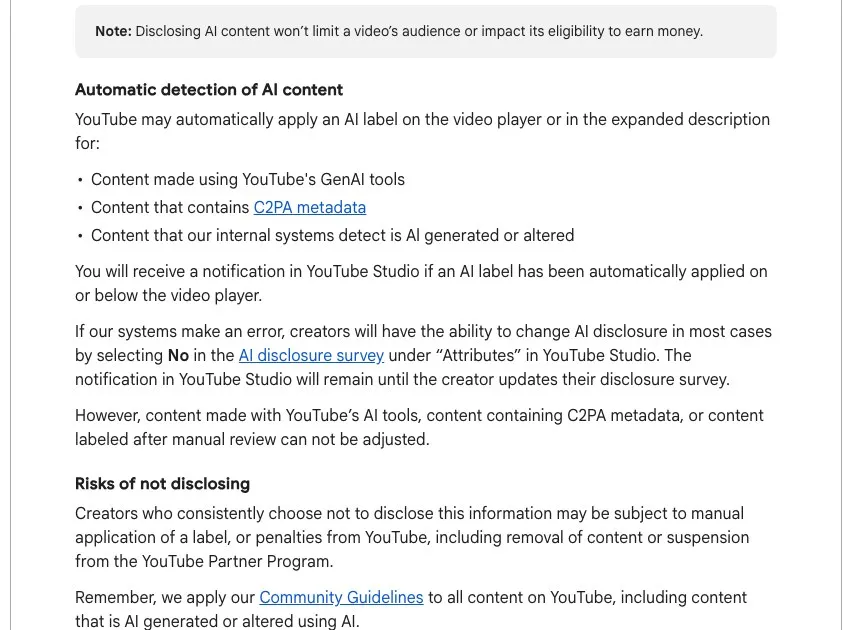 YouTube's disclosure documentation showing the reach note, the three automatic labeling triggers including C2PA metadata, the correction path in YouTube Studio, the three cases that cannot be adjusted, and the penalties for consistently not disclosing.