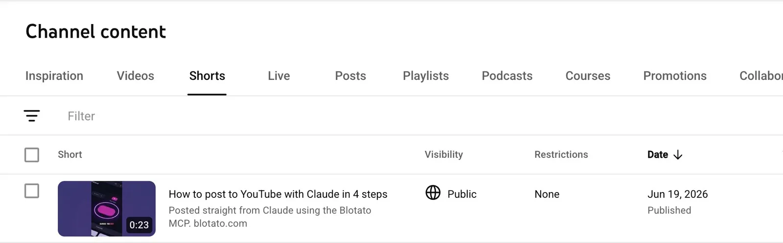 A YouTube video published live from a Claude prompt through Blotato