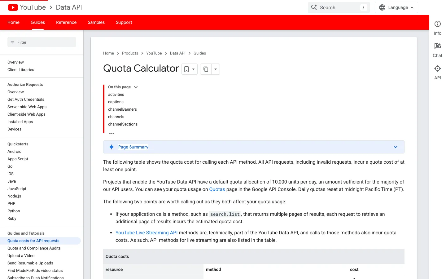 YouTube's quota cost calculator showing per-operation unit costs.