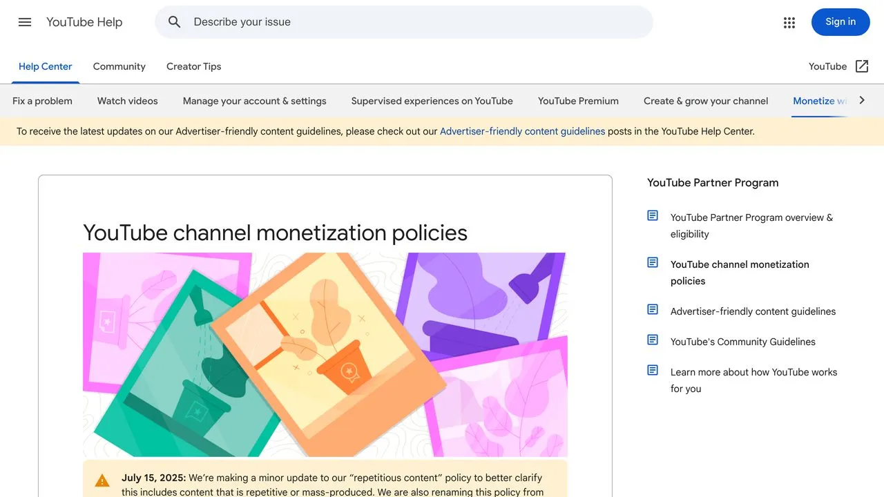 YouTube channel monetization policies page showing the July 15 2025 inauthentic content update