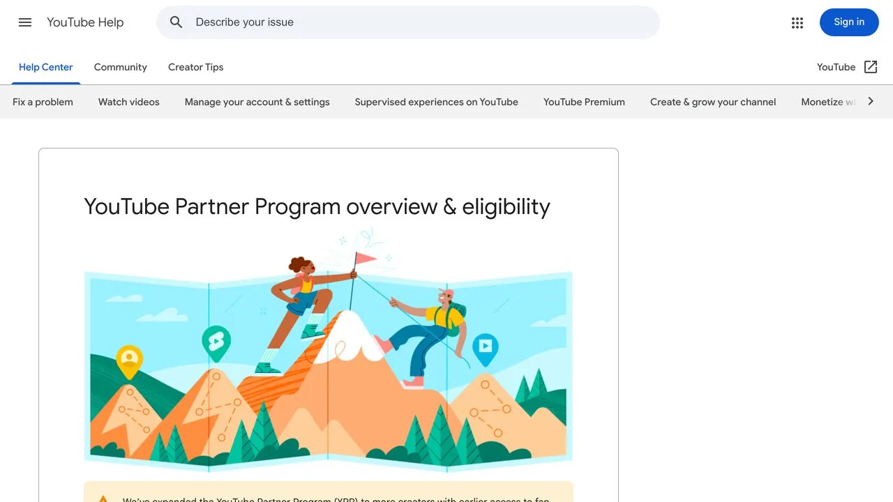 YouTube Partner Program eligibility requirements showing subscriber and watch hour thresholds