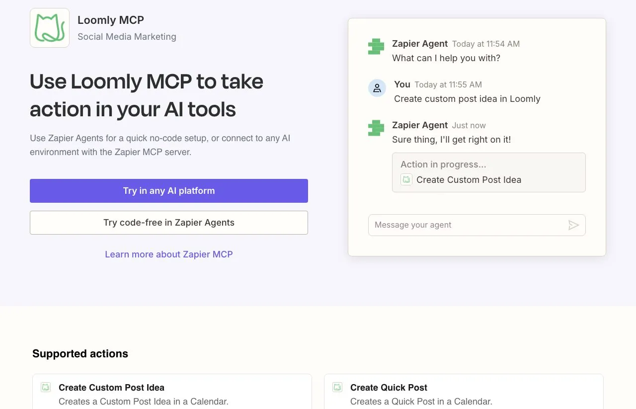 Zapier's Loomly MCP page, listing Create Custom Post Idea and Create Quick Post as the two supported actions.